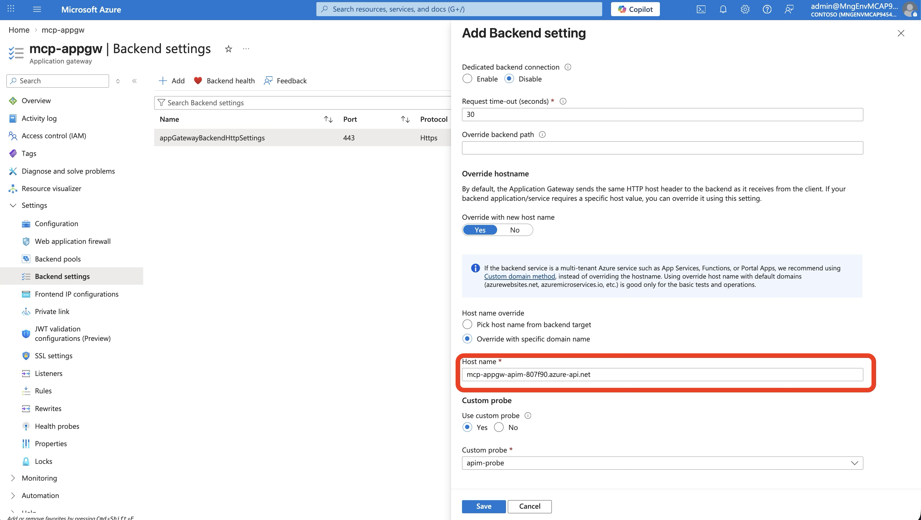 Application Gateway Backend settings showing the APIM hostname, HTTPS protocol, and the health probe configuration