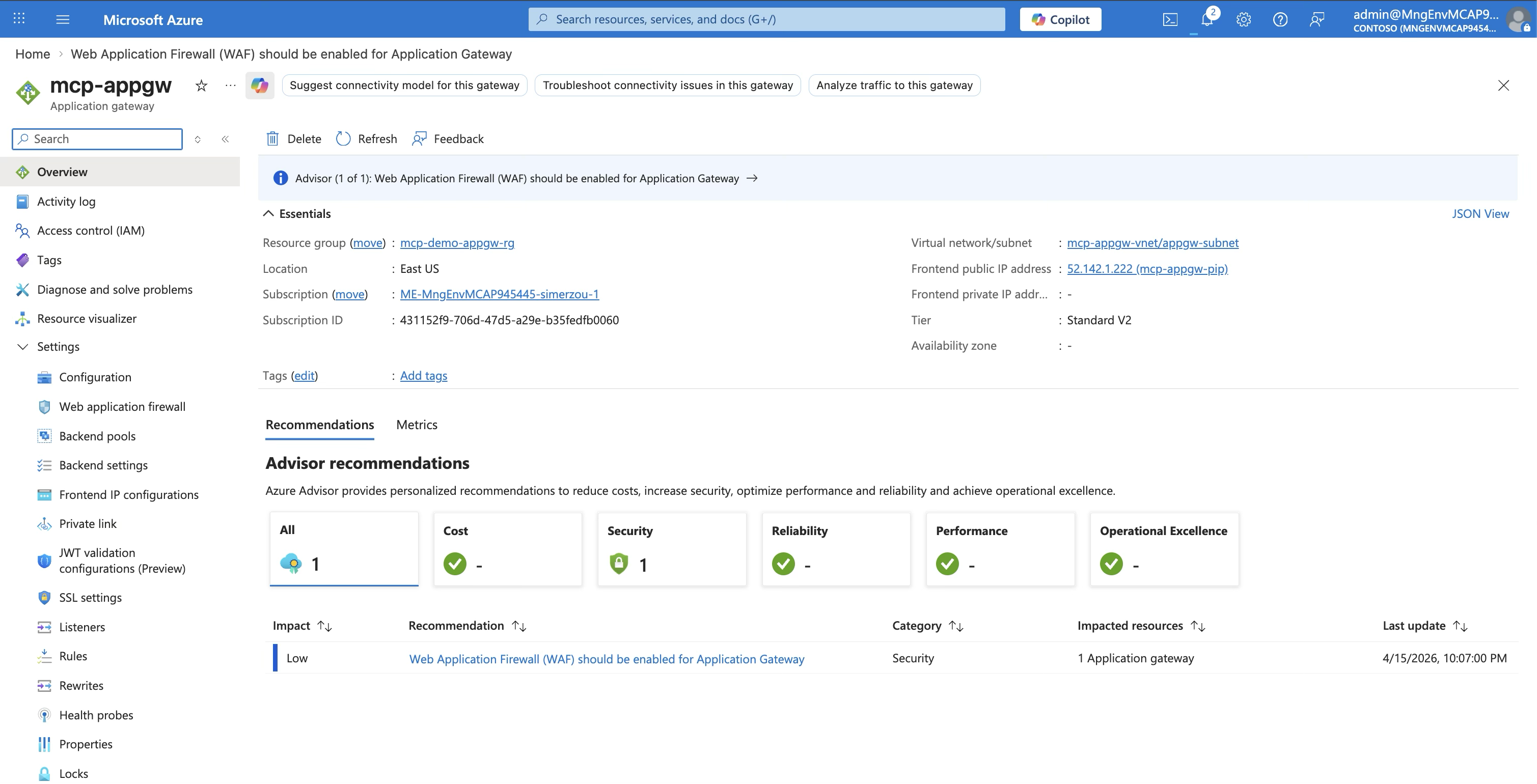 Application Gateway WAF configuration, showing OWASP rule sets enabled