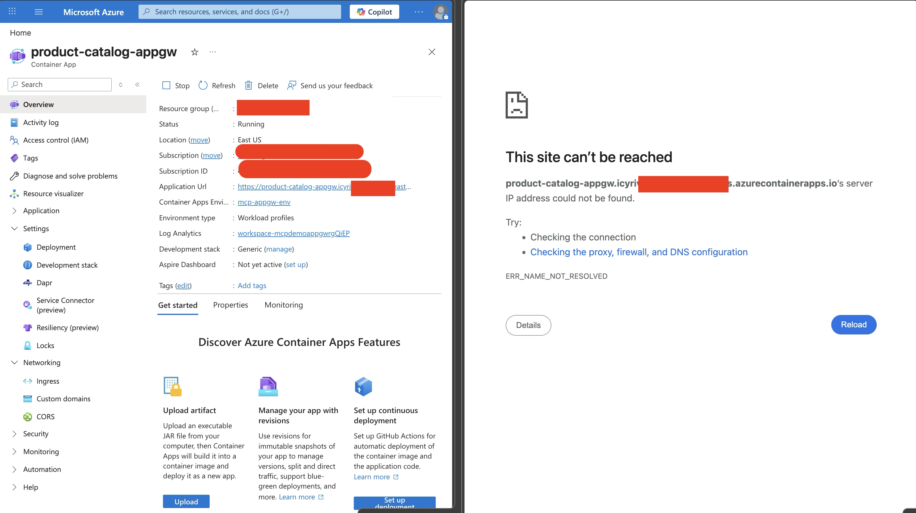 Azure Portal — Container App overview showing the FQDN and "Running" status. Note: the FQDN looks public but has no public DNS — it only resolves within the VNet via Private DNS