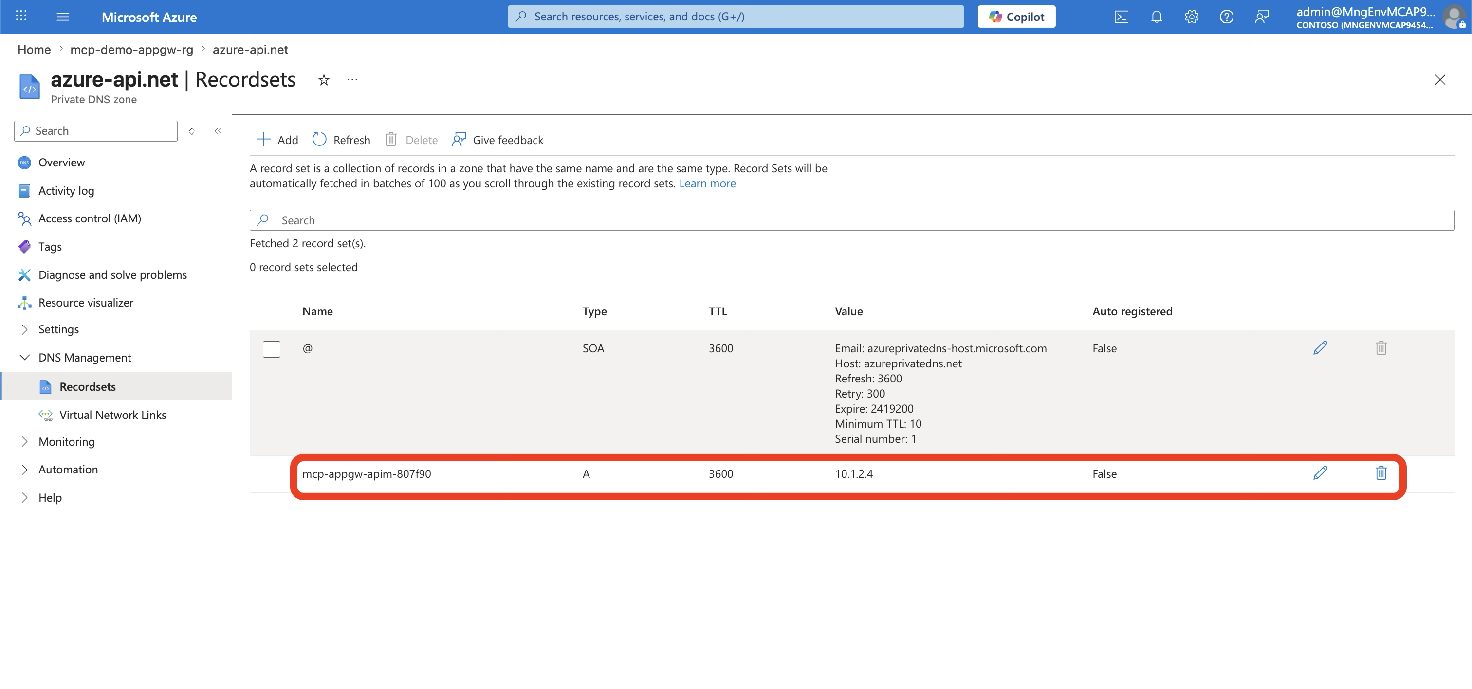 Private DNS Zone for azure-api.net, showing the A record pointing to APIM's private IP