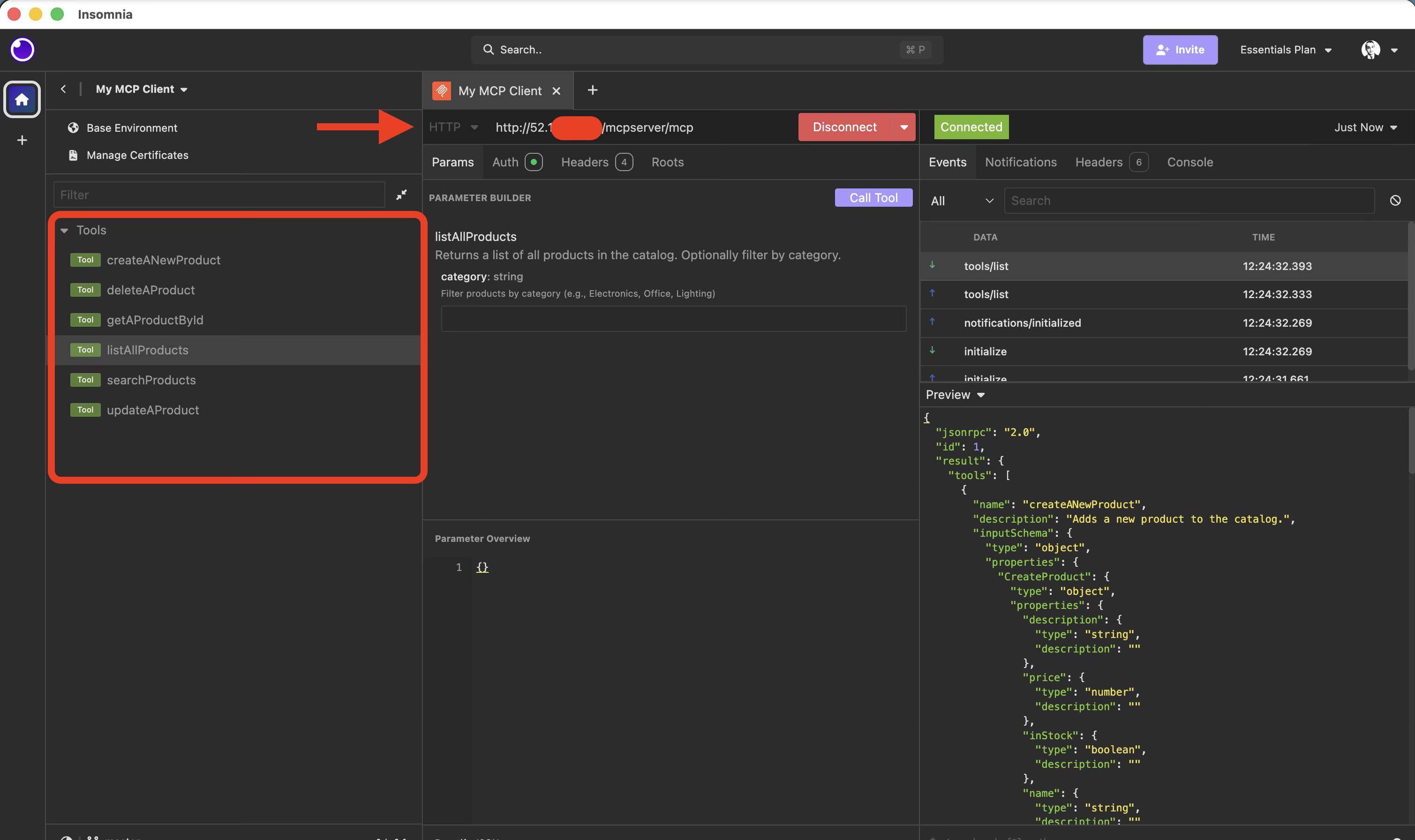 MCP Inspector connected to the App Gateway endpoint, showing the tools list returned by the MCP server