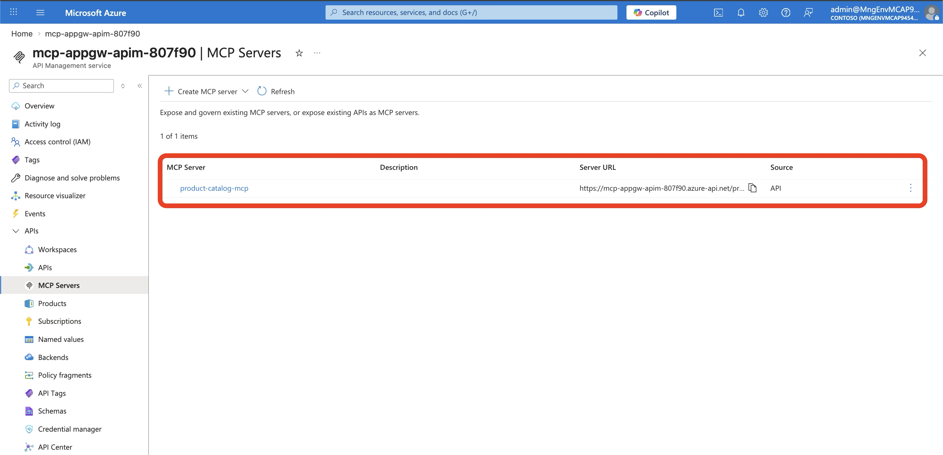 APIM MCP Servers blade showing the created MCP server with its endpoint URL