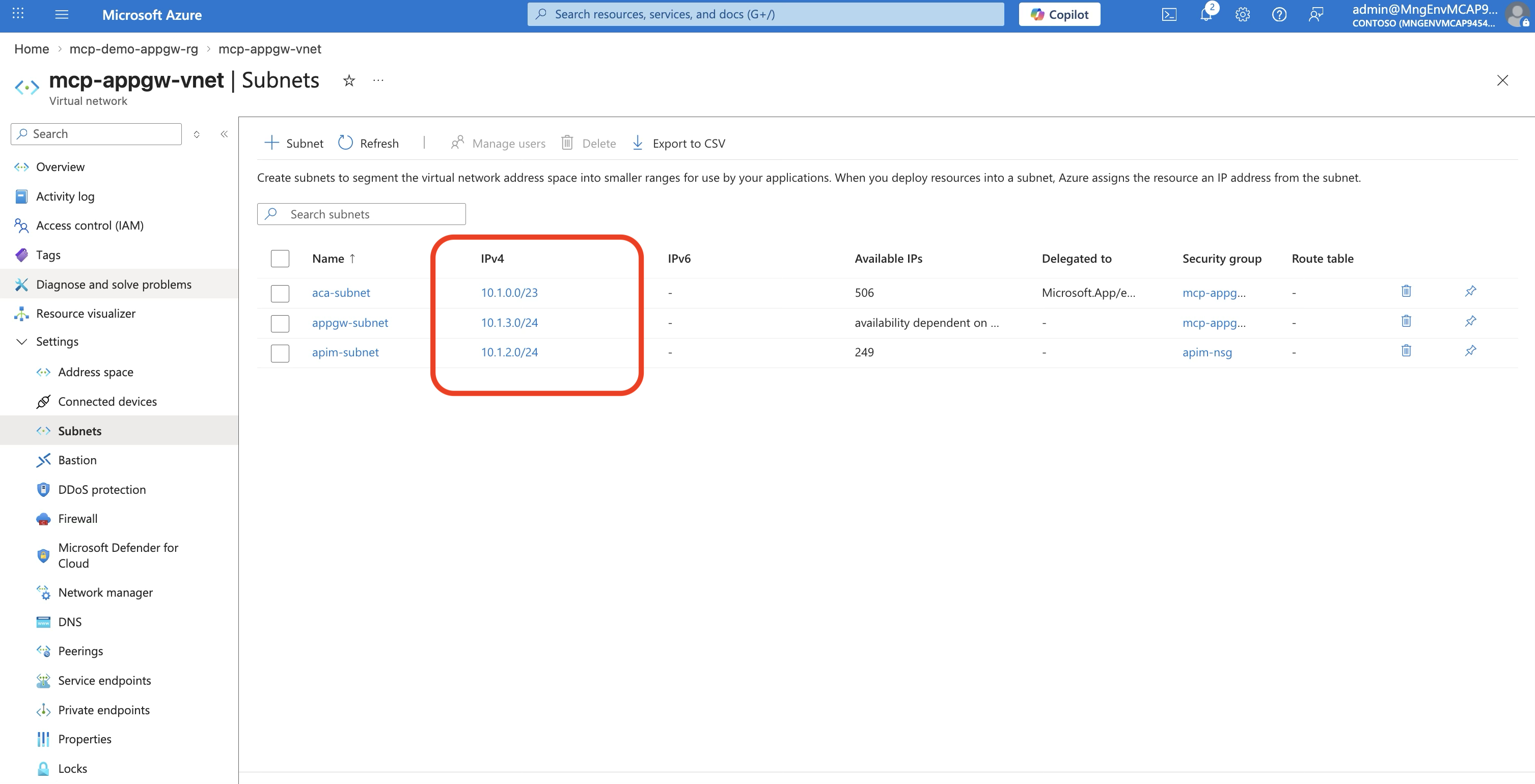 Azure Portal — VNet Subnets blade showing all three subnets with their address ranges and delegations